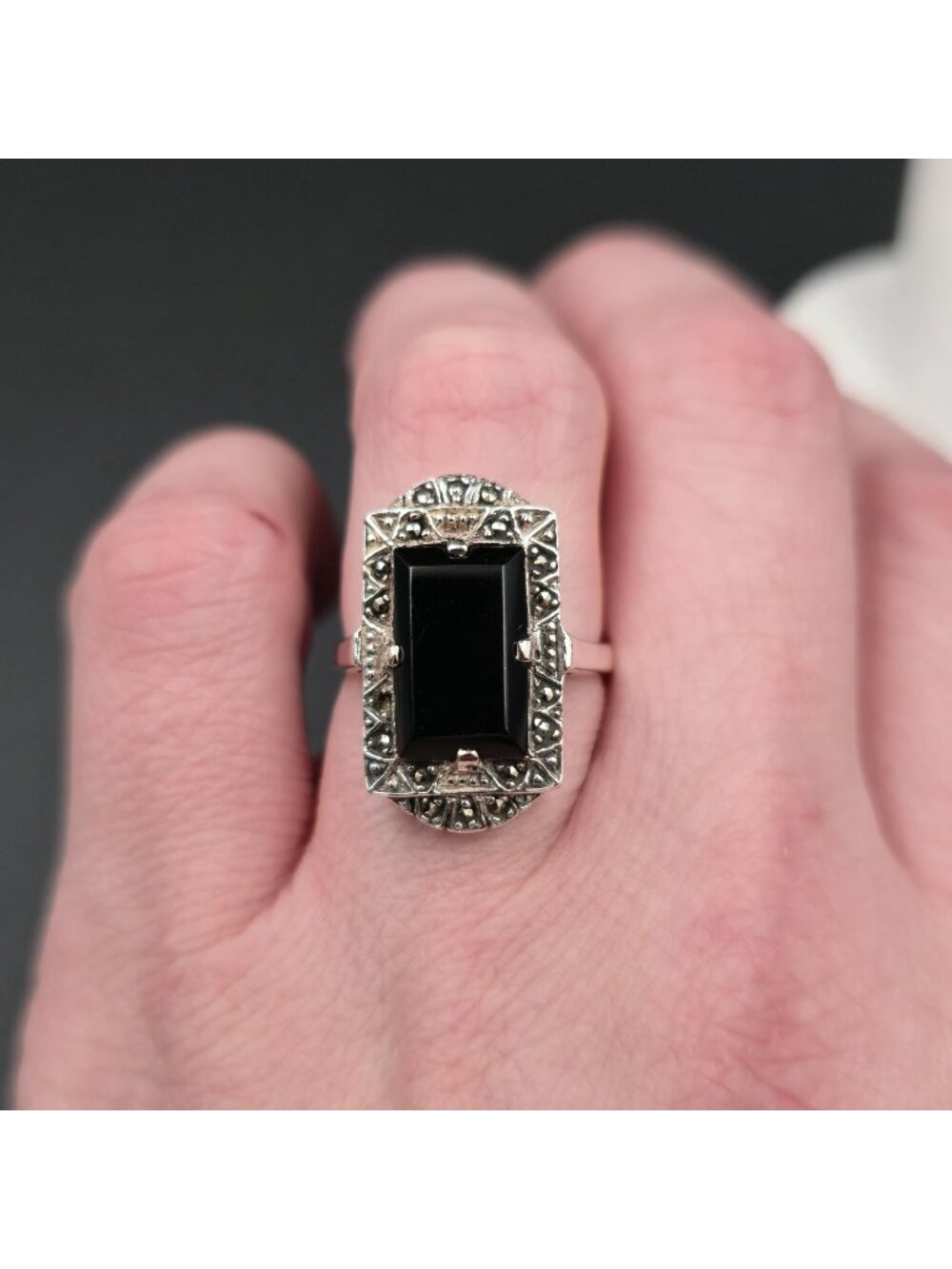 Size 7.5 Sterling Silver Art Deco Sterling Silver Black Onyx Filigree Ring A7488 - Picture 4 of 9